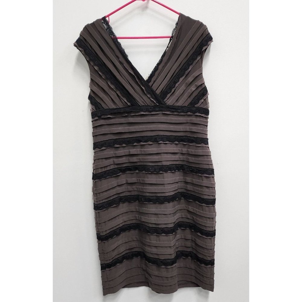 Adrianna Papell Womens Cocktail Dress Size 14 Brown Flat Ruffle Lace Surplice
